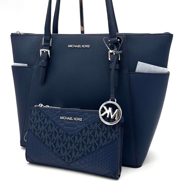 Michael Kors Large Charlotte Tote Bag & LG Double Zip Wallet Luggage Navy Blue - Picture 2 of 15